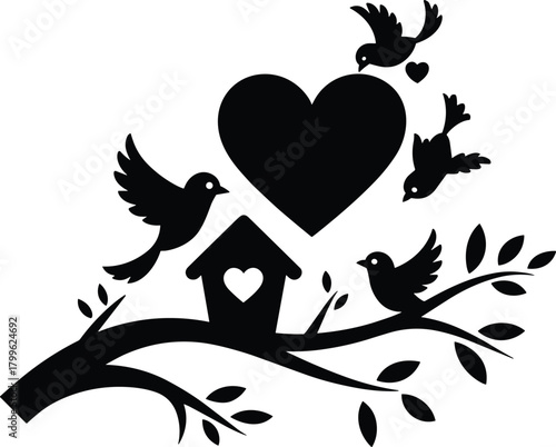 birdhouse with heart, flying birds silhouette, perched birds on branch, nature love scene, peaceful wildlife illustration, romantic black design