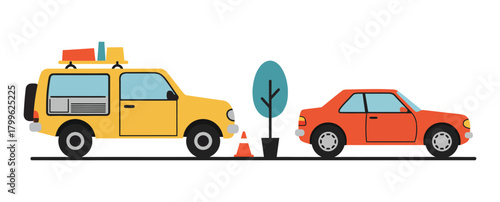 Two Vehicles Yellow SUV and Orange Sedan, with Tree and Traffic Cone, Simple Scene