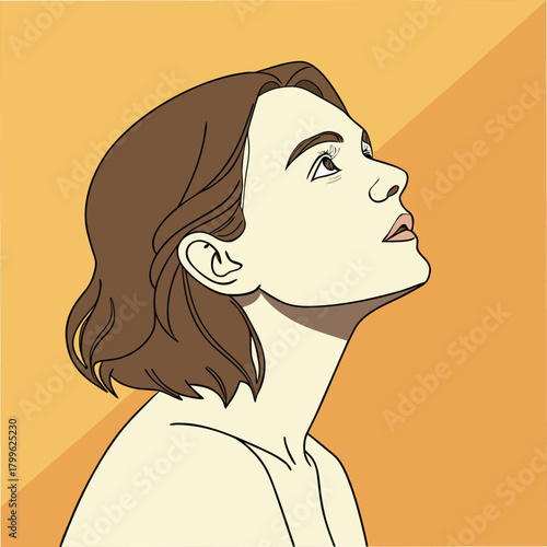 Adobe Illustrator Artwork: A simple, minimalistic vector illustration of a woman with short brown hair, shown in profile, looking upwards