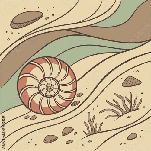 Adobe Illustrator Artwork:  A vector art of a coastal scene with marine life and natural elements