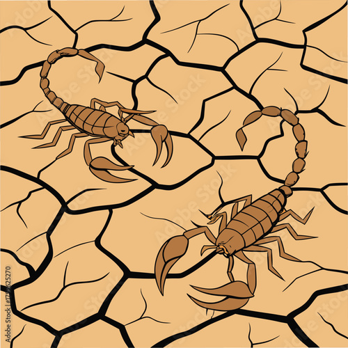 Adobe Illustrator Artwork: A vector art of two scorpions on a cracked arid ground of their natural habitat