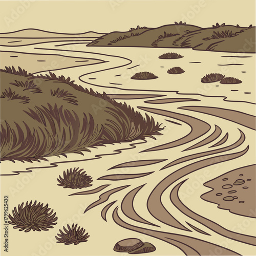 Adobe Illustrator Artwork: A vector illustration of a muddy river landscape in a natural setting in a semi-arid environment