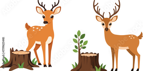 Cartoon deer standing beside tree stumps with green plants  