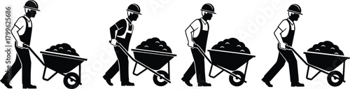 Construction worker pushing heavy loaded wheelbarrow silhouette, manual labor occupation illustration, industrial workforce vector art, building site equipment icon for profe