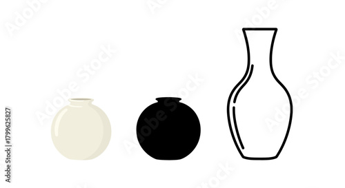 Minimalist illustration of three sets of vase silhouettes, Symbolizing simple decorative elegance, flat vector design.