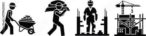 Construction workers performing various tasks silhouette, industrial labor vector illustration, building site equipment icons, construction industry workforce graphic suitable for 