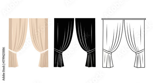 Minimalist illustration of three sets of curtain silhouettes, Symbolizing gentle minimal home decor, flat vector design.