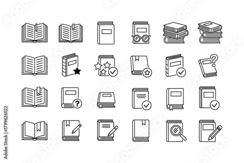 Book icon set. Reading, education, library, and learning vector symbols.