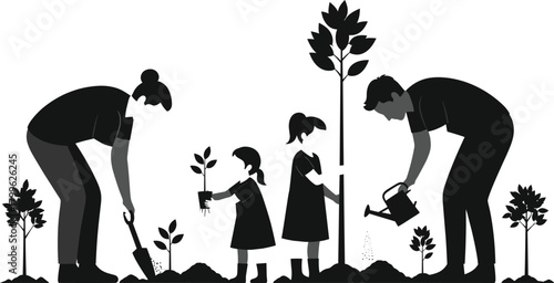 Family planting trees together silhouette, eco-friendly gardening activity illustration, environmental conservation vector art, teamwork nature care concept for sustainability, educati