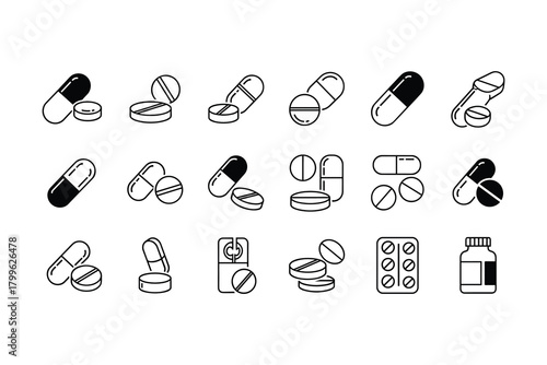 Pills, capsules, and tablets icon set. Medicine, pharmacy, and healthcare vector symbols.