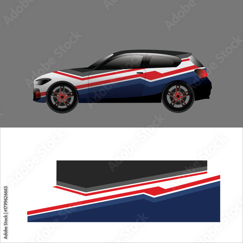 A modern car livery design featuring bold geometric stripes in red, white, and navy blue.