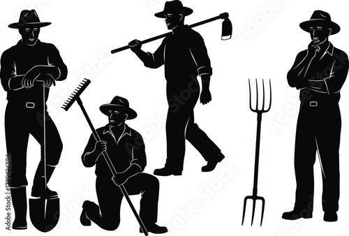farmer, agriculture, silhouette, worker, rural, farming, shovel, rake, pitchfork, tool, field, labor, countryside, occupation, vector