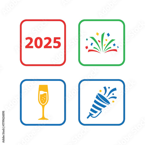 2025 new year celebration icons: champagne, confetti, and party popper Vector, illustration