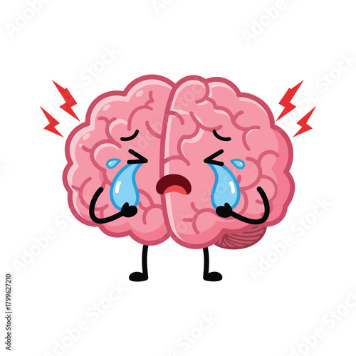 Cartoon depiction of a distressed human brain shedding tears, symbolizing mental anguish, stress, and emotional pain