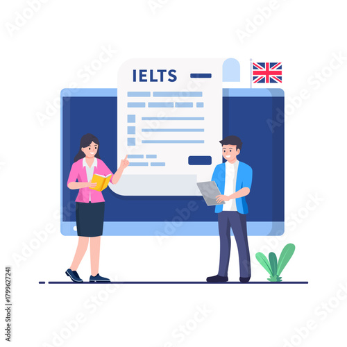 English Proficiency Test and Exam. IELTS International English Language Testing System. Flat vector illustration.