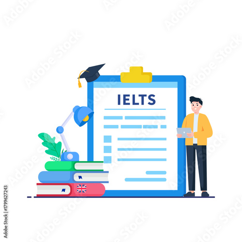 English Proficiency Test and Exam. IELTS International English Language Testing System. Flat vector illustration.