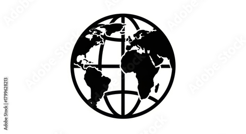 - Globe icon with continents, black and white Earth illustration, stylized world map graphic
- Global symbol, geography icon, international relations illustration
- Planet Earth design, latitudinal an
