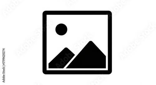 - Placeholder image icon, missing image symbol, black and white photo preview graphic
- Generic image file illustration, simplified photo icon, minimal image representation
- Mountain and sun icon, de