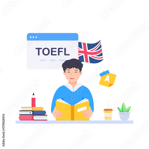 Illustration of TOEFL exam concept. English online study. Illustration for websites, landing pages, mobile apps, posters and banners.