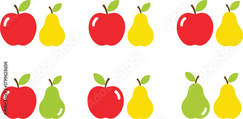 Apple and Pear Fruit Vector Set – Colorful Red Apple and Yellow Green Pear Illustration, Fresh Organic Fruit Icons for Healthy Food Design, Vegan Nutrition, Farm Logo, and Packaging Graphics