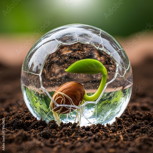 Close-up of a sprouting seedling inside a transparent glass sphere resting on soil in a natural outdoor setting