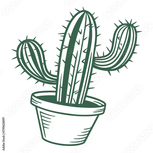 Illustration of a potted cactus with multiple arms and spines