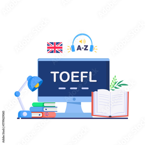 Illustration of TOEFL exam concept. English online study. Illustration for websites, landing pages, mobile apps, posters and banners.