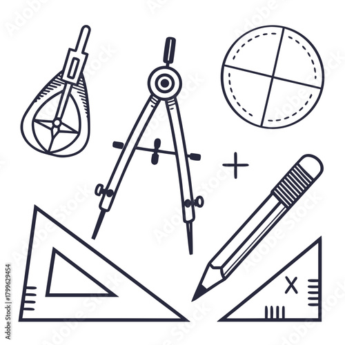 Illustration of drafting tools including compass and triangles