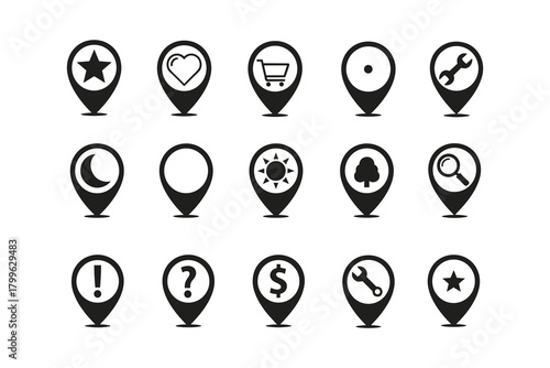 Black map pointers set with various icons. Location pin vector symbols