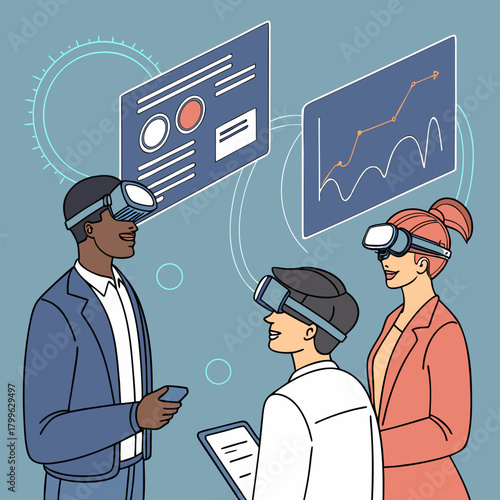 People using vr headsets with floating data visualizations