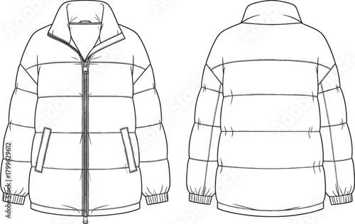 Puffer jacket front and back technical sketch, detailed winter coat flat design, down outerwear CAD drawing, fashion vector illustration template