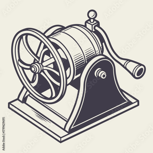 Illustration of a vintage hand cranked fishing reel device