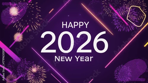 Happy New Year 2026 Celebration with Fireworks and Neon Lights.
