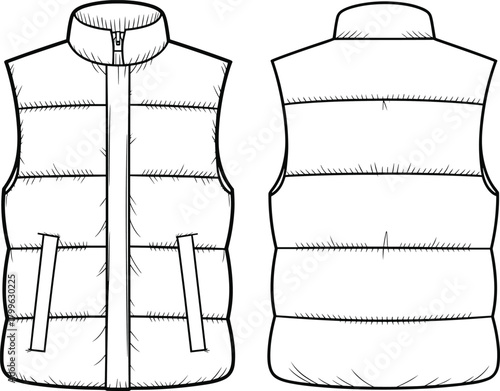 Puffer vest technical flat sketch, front and back view, sleeveless winter jacket vector template, fashion CAD drawing apparel design illustration