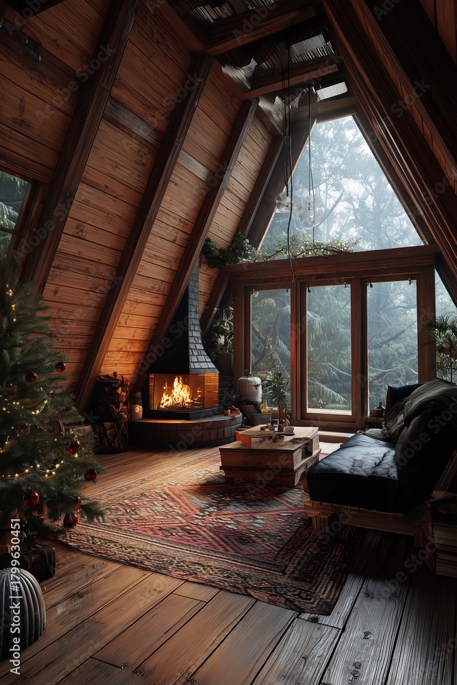 Obraz premium Cozy wooden cabin interior with fire in the stove, Christmas tree and large window to forest. Serene retreat in winter nature with warmth and calm.