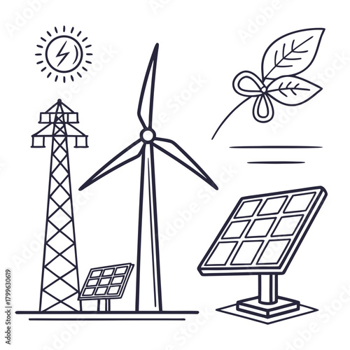 Illustration of renewable energy sources and transmission tower