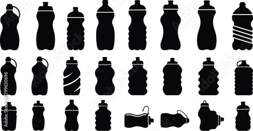Set of black silhouette sports water bottles, reusable plastic drink containers vector collection, fitness hydration icons for gym, health, and eco lifestyle design