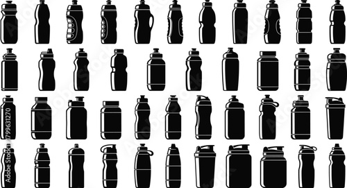 Set of different reusable water bottle silhouettes, plastic and sports drink containers vector illustration for hydration, gym, fitness, travel, and lifestyle design