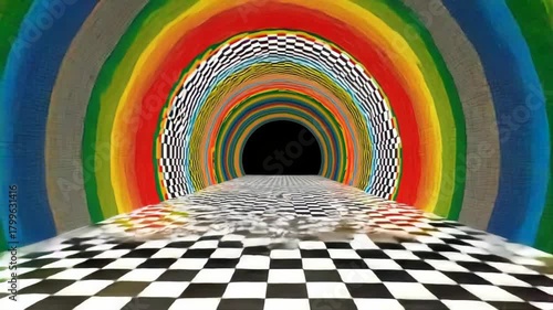 Plunge down a surreal rabbit hole where a checkerboard floor leads through a twisting rainbow tunnel a hypnotic psychedelic background for a trippy 60s acid trip music video