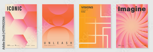 Collection of 70s color gradient poster background vector. Set of retro wall decoration, groovy, trippy, geometric shape. Vintage hippie wall art for interior, decorative, banner, cover, card.