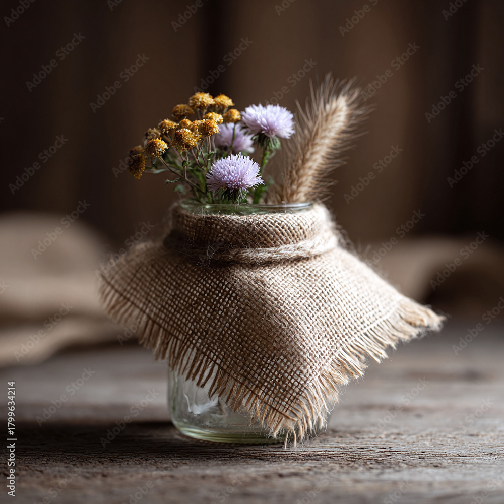 Obraz premium Rustic floral arrangement in a burlapwrapped jar. Evokes warmth, simplicity, and natural beauty. Perfect for fall themes, home decor, or farmhouse aesthetics.