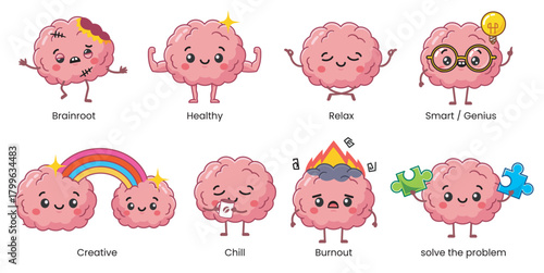 brain characters with various emotions.
Smart, burnout, chill, relaxed, problem-solving expressions