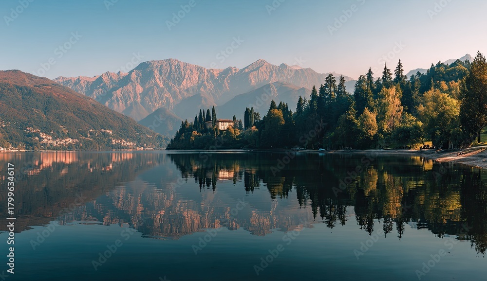 Fototapeta premium Serene lake with mountain range and forested peninsula, building reflected in calm water