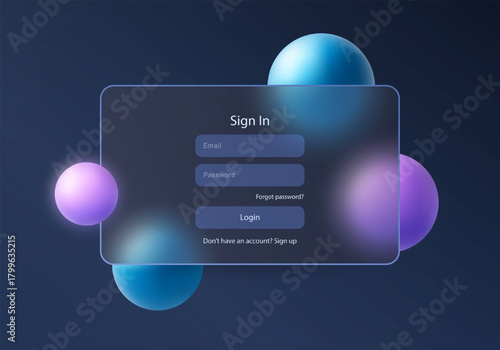 Dark glassmorphism style login form with glowing blue and purple spheres, modern tech mockup for app or website