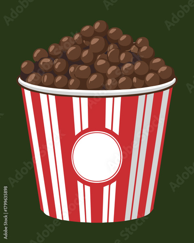 Red and white striped paper bucket filled to the brim with small, dark chocolate malted milk balls or cereal puffs, a crunchy snack - Vector Illustration