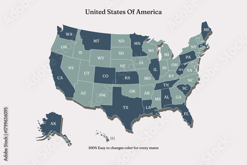 United States Map Vector Graphic for Presentations and Designs with green and navy color