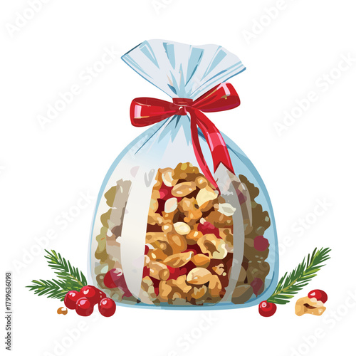 Small transparent cellophane bag filled with a hearty mix of assorted nuts and dried fruits, tied with a red ribbon and garnished with pine - Vector Illustration