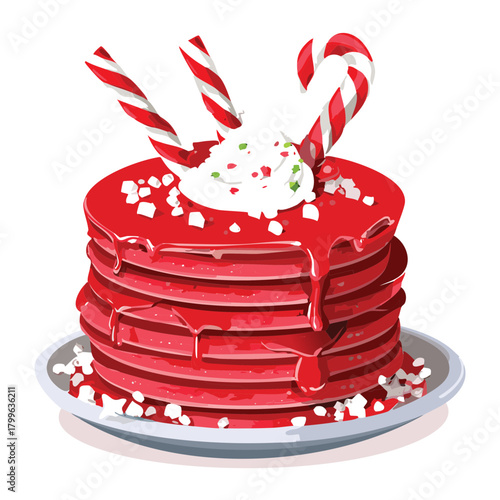 Stack of Bright Red Velvet Pancakes with Whipped Cream and Crushed Candy Cane Toppings for Christmas Dessert - Vector Illustration