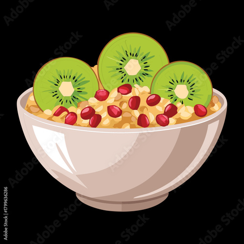 White Ceramic Bowl Filled with Hearty Oatmeal Topped Generously with Sliced Kiwi and Ruby Red Pomegranate Arils - Vector Illustration