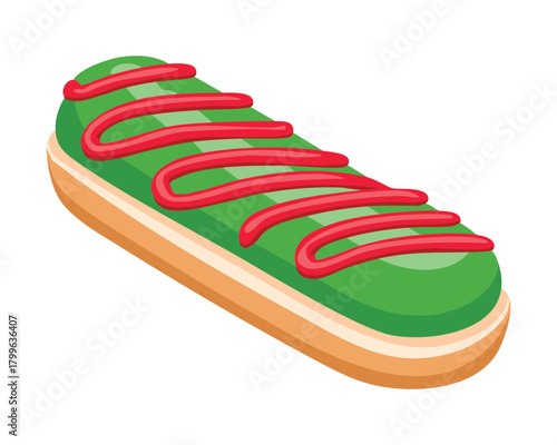 Single Delicious Eclair Featuring a Vibrant Green Icing and Distinct Red Stripe Pattern for a Holiday Snack - Vector Illustration